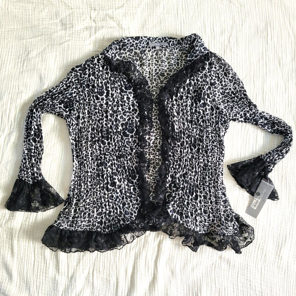 NWT NY Collection Womens 3X Plus Sheer Leopard Lace Ruffle Cardigan Shirt Gray - Picture 1 of 7